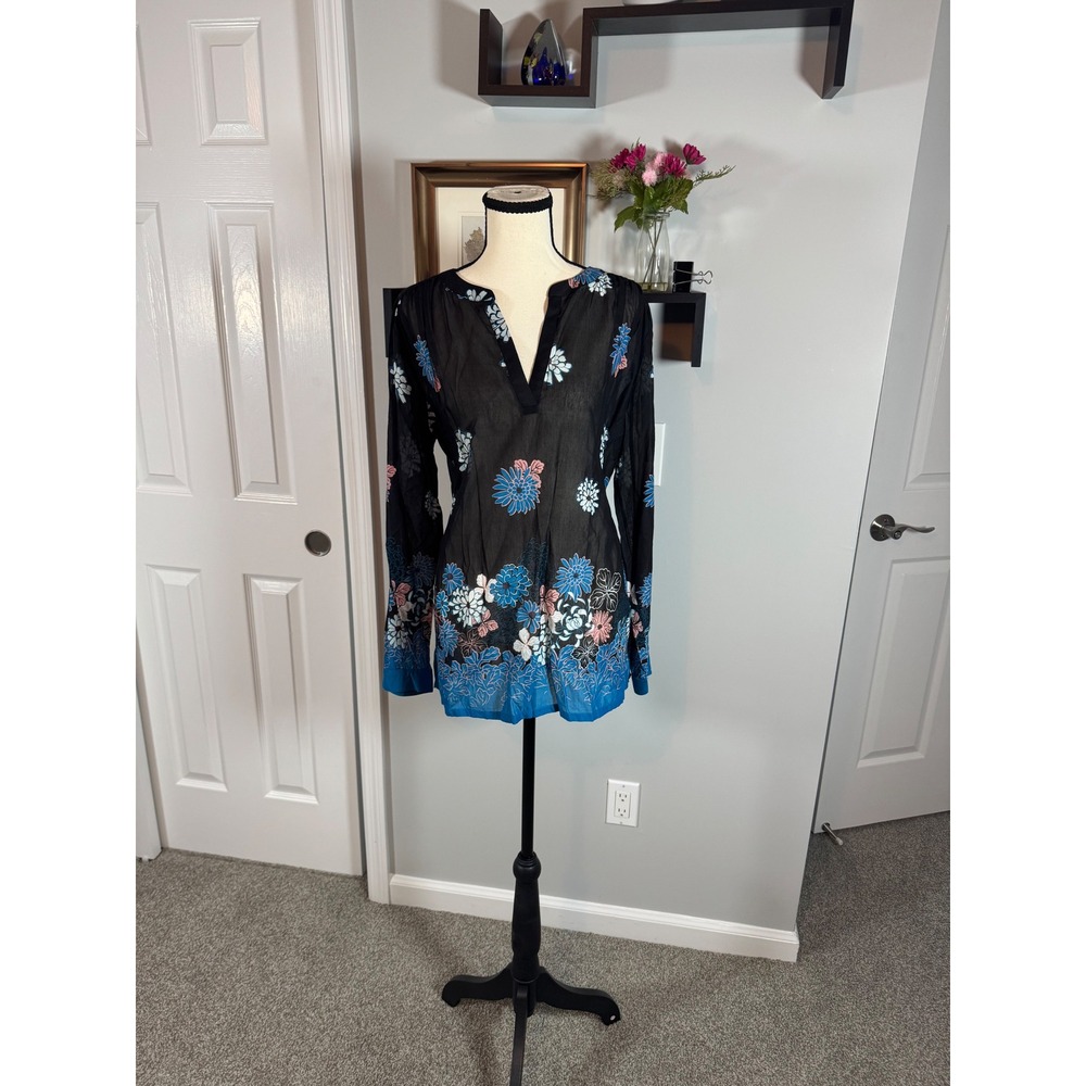LOFT Floral Split Neck Tunic Top Black Blue Pink Cotton Rayon Size M NEW
